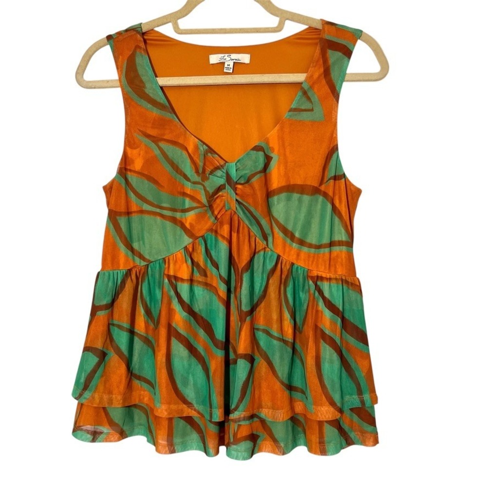 Les Serein Baby Doll Top Womens M Orange Mesh Sleeveless Peplum‎ Tropical Fairy
